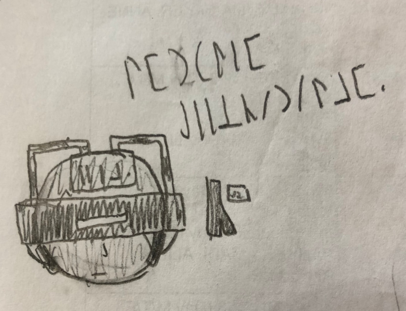 a pencil and paper drawing of a person wearing what looks like a VR headset, with some strange text above the person and what seems like a price tag below it.