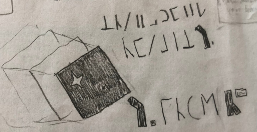 a pencil and paper drawing of a square object, with a star in the top left of the object and some strange text around it.