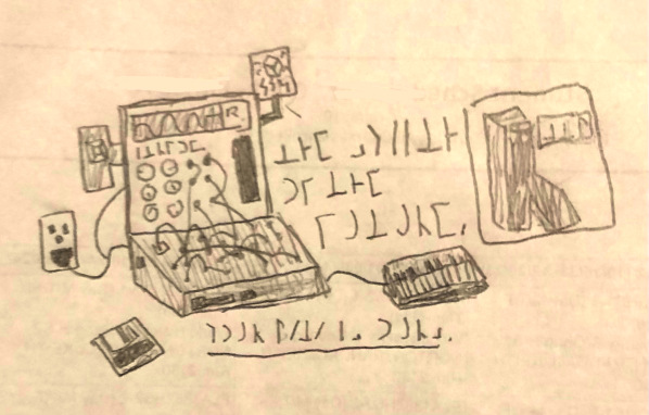 a pencil and paper drawing of a synthesizer, with various wires plugged into it. a floppy disk and MIDI keyboard lie next to it.