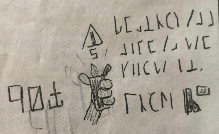 a pencil and paper drawing of a lighter being held by a human, with a warning sign alongside a countdown being displayed on the top.