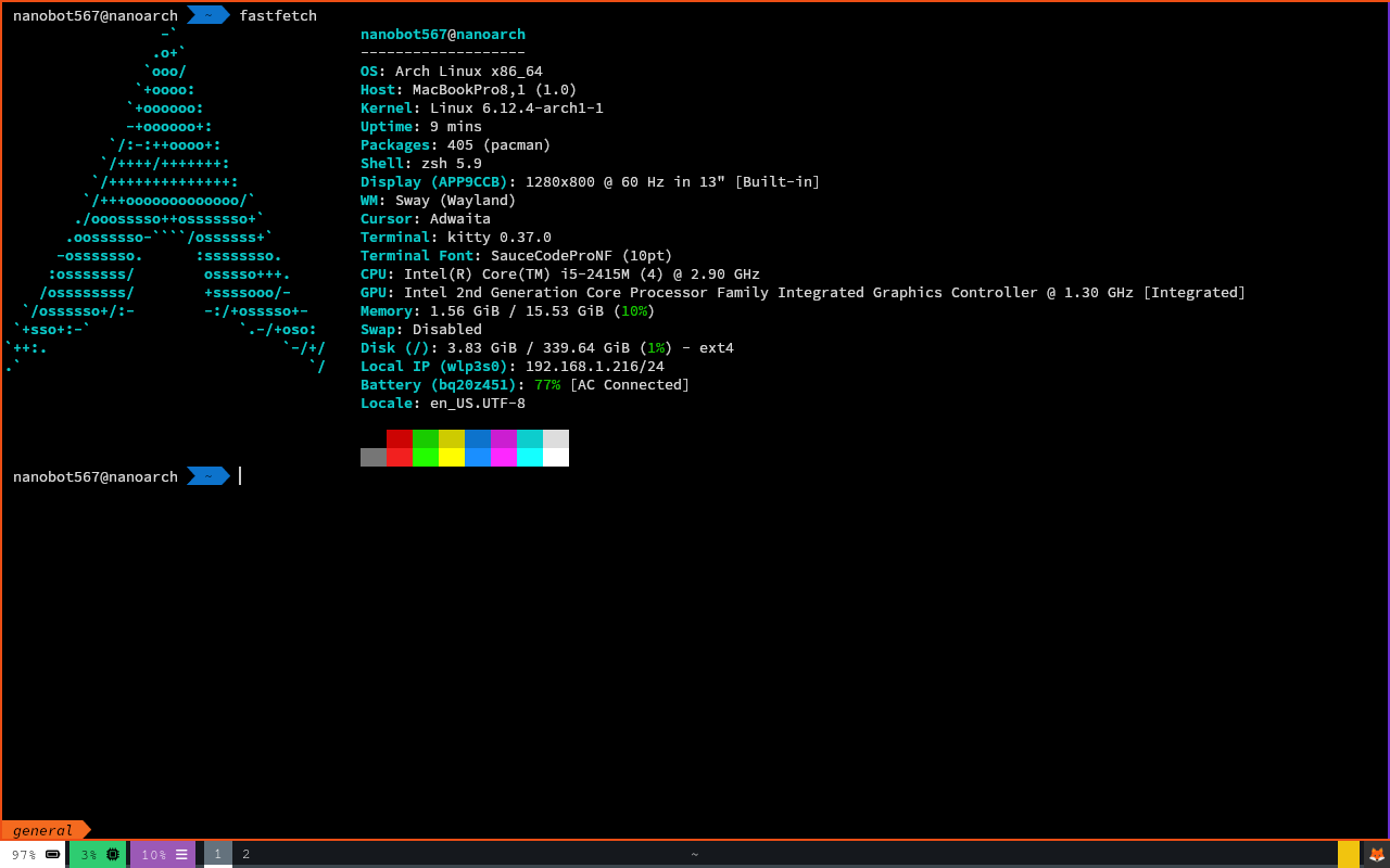 a screenshot of a fastfetch output, displaying that a MacBook Pro 8,1 is running Arch Linux!