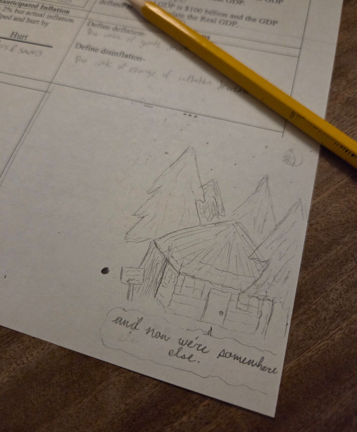 a photo of a Macroeconomics worksheet on GDP, with a pencil-drawn doodle in the corner of the page. this doodle is of a moonlit cabin surrounded by pine trees. coming from a crack in the cabins door is a dreamy-looking speech bubble, saying and now were