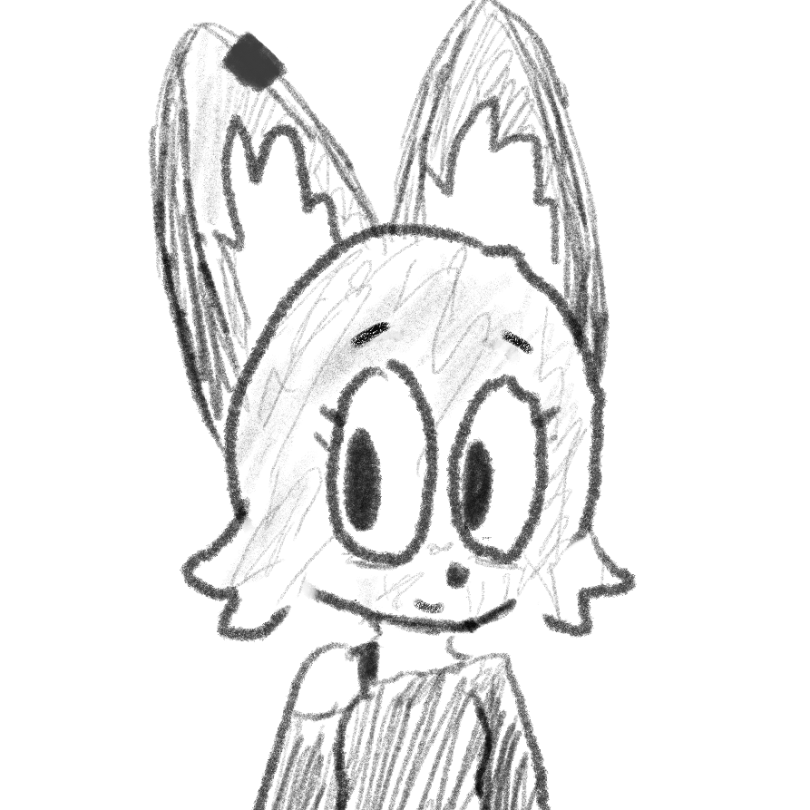 pencil sketch drawing of an anthropomorphic red fox, with bags under her eyes. she is smiling at the wolf.